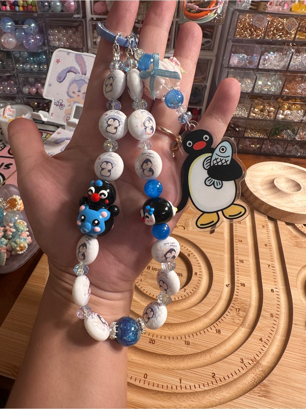 Blue Penguin Beaded Keychain and Card Holder Charm